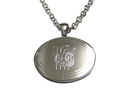 Silver Toned Oval Etched Anatomical Heart Pendant Necklace - £27.56 GBP