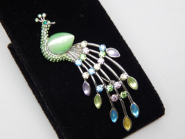 Colorful PEACOCK BROOCH Pin in Silver tone with Rhinestones and Moonglow... - $22.00