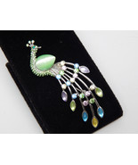 Colorful PEACOCK BROOCH Pin in Silver tone with Rhinestones and Moonglow stones  - $22.00