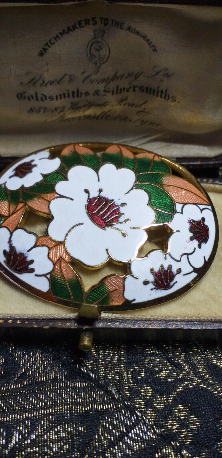 VINTAGE 1990 Large Goldtone Oval White/Green/Pink Champleve Enamel Flora... - $24.75
