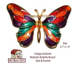 Vintage Guilloche Pin Butterfly Brooch Gold &amp; Multicolor Enamel Pin - £11.88 GBP