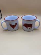 Bay Island Pig Rooster Mugs Lot Of 2 2016, Red &amp; White Farmhouse Farm Chicken - £15.81 GBP