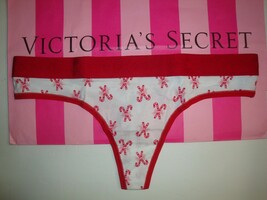NEW VICTORIA&#39;S SECRET LOGO COTTON THONG PANTY CANDY CANES WHITE/RED/PINK... - $12.86
