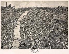 Elgin, Illinois - 1880 - Aerial Bird's Eye View Map Poster - $9.99+