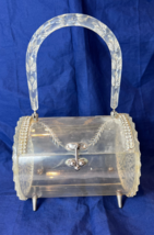 1950&#39;s Lucite Barrel Purse Rhinestone Adorned Faceted Clear Lucite Box H... - £142.40 GBP