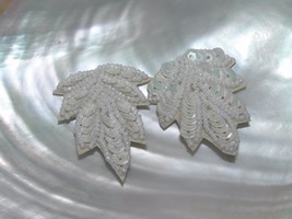 Estate Large White Iridescent Tiny Beads &amp; Sequins Leaf Post Earrings for Pierce - £8.35 GBP