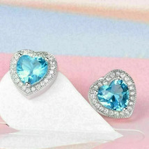 4Ct Heart Cut Simulated Blue Topaz Halo Stud Earrings 14K White Gold Plated - £32.94 GBP