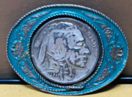 Indian Head Large Buffalo Nickel Belt Buckle Siskiyou Co AQUA 1991 Vintage - £19.84 GBP