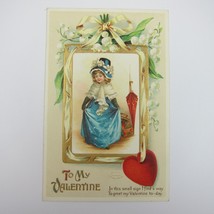 Postcard Greeting Valentine Antique Blonde Girl Blue Victorian Dress &amp; Hat Heart - £7.98 GBP