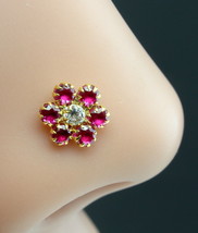 Daisy Gold nose stud Pink White CZ 14K Ethnic Indian piercing nose ring Push pin - £24.10 GBP+