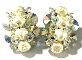 Vintage Aurora Borealis Cluster Clip-On Earrings – Baroque Pearl &amp; Cryst... - $19.95