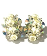 Vintage Aurora Borealis Cluster Clip-On Earrings – Baroque Pearl &amp; Cryst... - $19.95