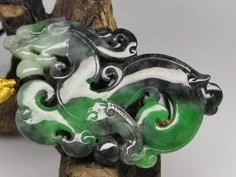 Icy Ice Black &amp; Green Natural Burma Jadeite Jade Dragon Pendant # 161.80 carat # - £6,924.86 GBP