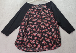 Torrid Blouse Top Women Sz 1 Black Floral Polyester Long Casual Sleeve Boat Neck - £17.30 GBP