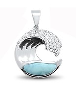 Sterling Silver Natural Oval Larimar &amp; Cubic Zirconia Wave Design Pendant - $55.81 CAD