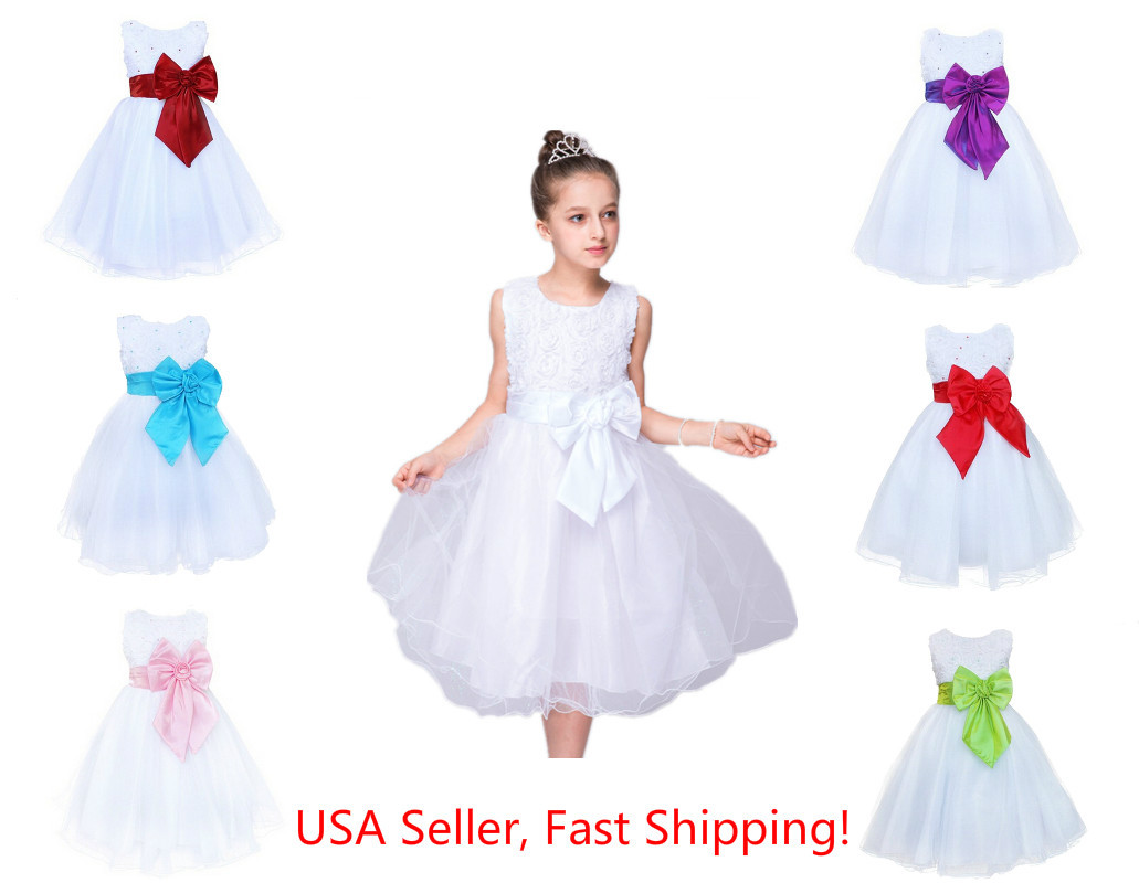 Wedding Party Flower Girl's Big Bow Dress Sparkle Tulle Pageant Formal Dress 2-8