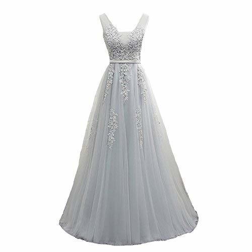 Kivary Women V Neck Tulle Corset Formal Prom Evening Dress Bridesmaid Gown Silve