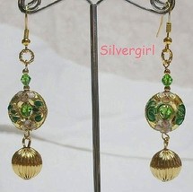 Dangle Cloisonne Beaded Crystal Earrings Green Gold - £14.15 GBP