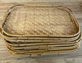 Vintage Bamboo Woven Rattan Trays Set of 10 Wicker Tiki Bar Wood MCM 19 x 13 - £102.87 GBP