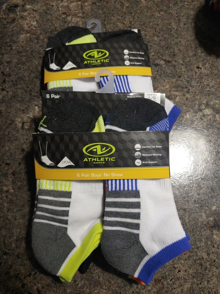 (2 Packs) Athletic Works 6 Pair Boys No Show Socks L (3-9)  12 Pair Total - $5.94