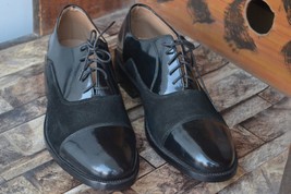 Bespoke Men Handmade Black Color Genuine Patent Leather &amp; Suede Cap Toe ... - £158.70 GBP