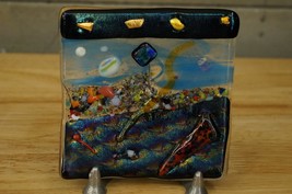 Dichroic Fused Glass Studio Art Trinket Plate Abstract Modernist 4.5&quot; Square - £19.77 GBP