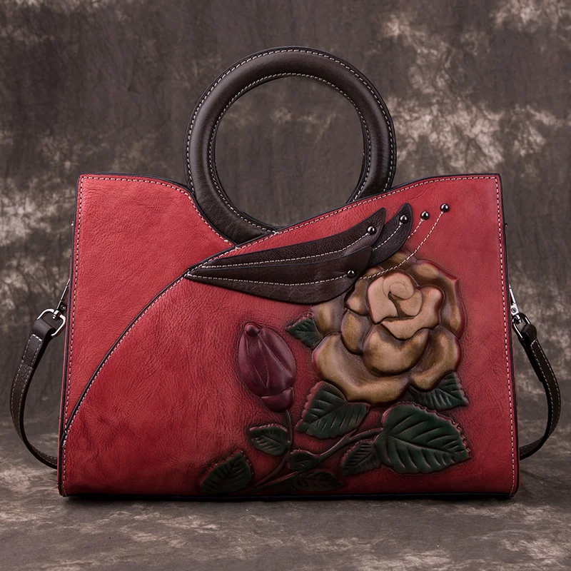  Women&#39;s Bag  Luxury Women  Leather Handbag Retro Floral Handmade Shoulder Bag F - £91.12 GBP