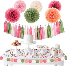 Wedding Party Decorations 28PCS Pink Sage Green Ivory Tissue Pom Poms Hanging Po - £24.96 GBP