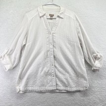 Chicos Womens Eyelet Blouse Size Large White Roll Tab Sleeves Collared V Neck - £11.67 GBP