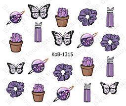 Nail Art Water Transfer Stickers purple butterfly flower planet bottle KoB-1315 - £2.38 GBP