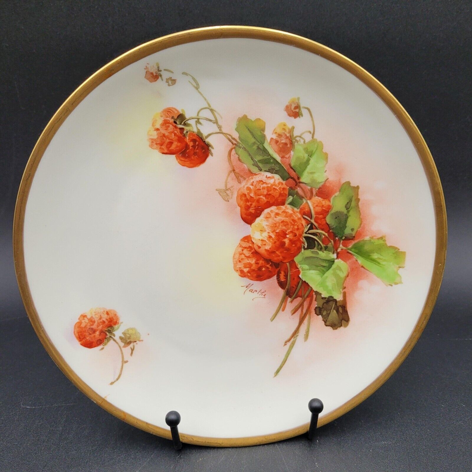 Primary image for Beautiful Antique c.1890s A Lanternier Signed Limoges Strawberry Gold Trim Plate