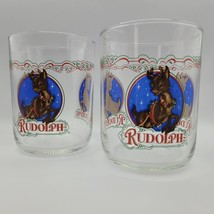 Rudolph Red Nosed Reindeer Glasses Set of 2 Vintage Clear Blue Holiday Christmas - £6.90 GBP