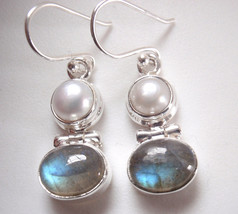 Labradorite Oval and Cultured Pearl 925 Sterling Silver Dangle Earrings - £15.86 GBP