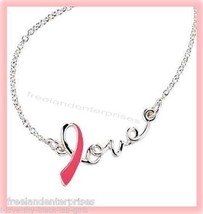 Breast Cancer Crusade Love Ribbon Necklace Silvertone &amp; Pink NIB - £10.12 GBP