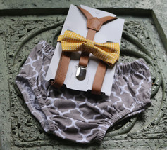 1st Birthday boy cake smash bow tie suspenders outfit gold brown gray - £14.87 GBP