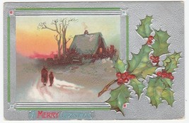 Vintage Postcard Christmas Adult and Child in Snow Outside Cottage 1907 Silver - £5.46 GBP