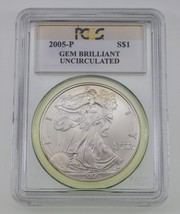 2005-P S$1 Silver American Eagle Slabbed by PCGS as Gem Brilliant Uncirculated - £46.44 GBP