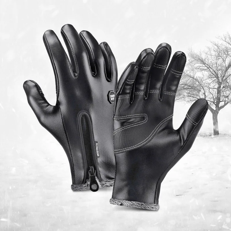 Winter Gloves Men Women Warm Thermal Fleece Leather Gloves with Zipper Windproof - £80.80 GBP