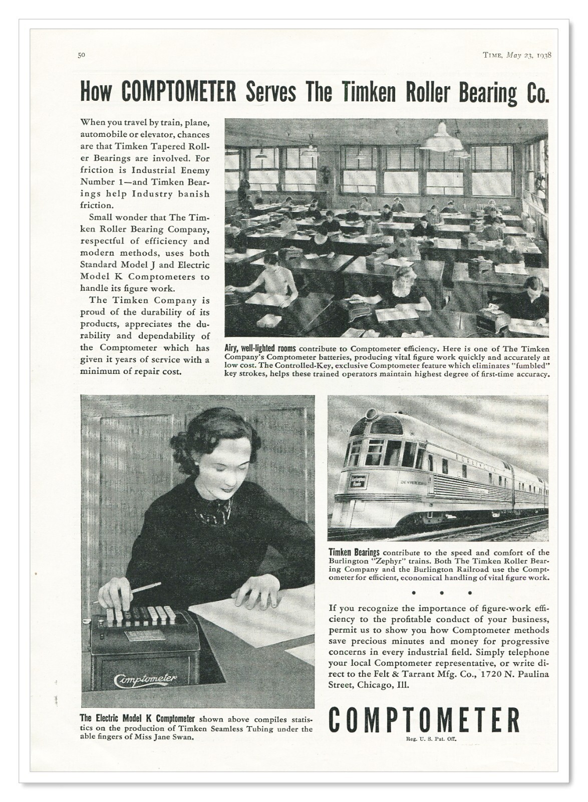 Print Ad Comptometer Timken Roller Bearings Burlington Zephyr 1938 Adver... - $12.30