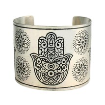 Hamsa Hand Of Fatima Bracelet 2&quot; Wide Cuff Luck Protection Silver Plate Metal - £13.27 GBP