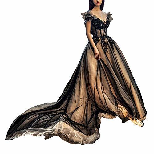 Off The Shoulder Long Gothic Tulle Black V Neck Evening Prom Dress Champagne 6
