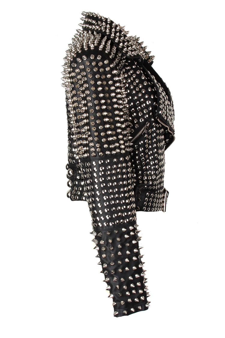 Women Full Heavy Metal Stud Work Punk Spiked Silver Studded Real Leather Jacket