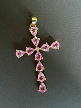 2.10CT Pear Cut Pink Sapphire 14K Yellow Gold Over Women&#39;s Pretty Cross Pendant - £70.39 GBP