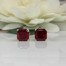 14K Yellow Gold Plated Silver 2Ct Princess Simulated Garnet Stud Earrings - £78.21 GBP