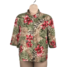 Alia Button Down Collared Shirt ~ Sz 16P ~ Green &amp; Red ~ Floral ~ 3/4 Sleeve - £15.50 GBP