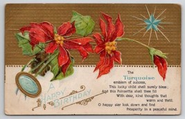 Birthday December Birthstone Turquoise Poinsettias Flower Gilt Emb Postcard R26 - £5.46 GBP
