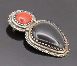 CARILYN POLLACK 925 Sterling Silver - Vintage Two Tone Onyx Carved Clip - TR3667 - $87.56