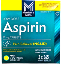 Member's Mark Low Dose Aspirin Tablets 81 mg 2x365 Count Bottles EXP 05/28 - $13.88