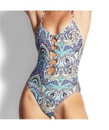 NEW SEAFOLLY SUMMER CHINTZ V NECK RING MAILLOT ANTIGUA BLUE Size 14 - $79.25