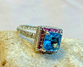 Sparkly! Sterling Silver Blue Pink Stones Square Ring Sz 5 3/4 Jewelry 4.87g - £31.46 GBP